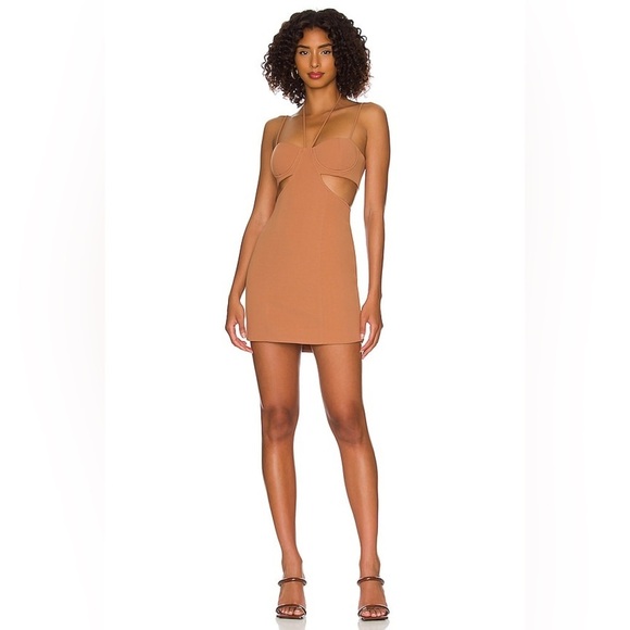 MISHA Tokyo Strappy Cutout Party Minimalist Mini Dress in Praline Brown Size 2 - Picture 1 of 13